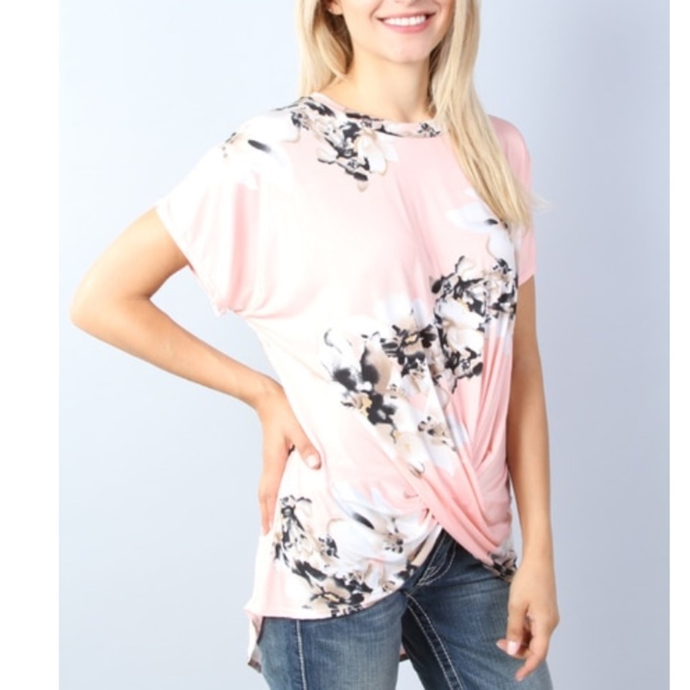 Pink Tunic With Floral Print and Twist Front